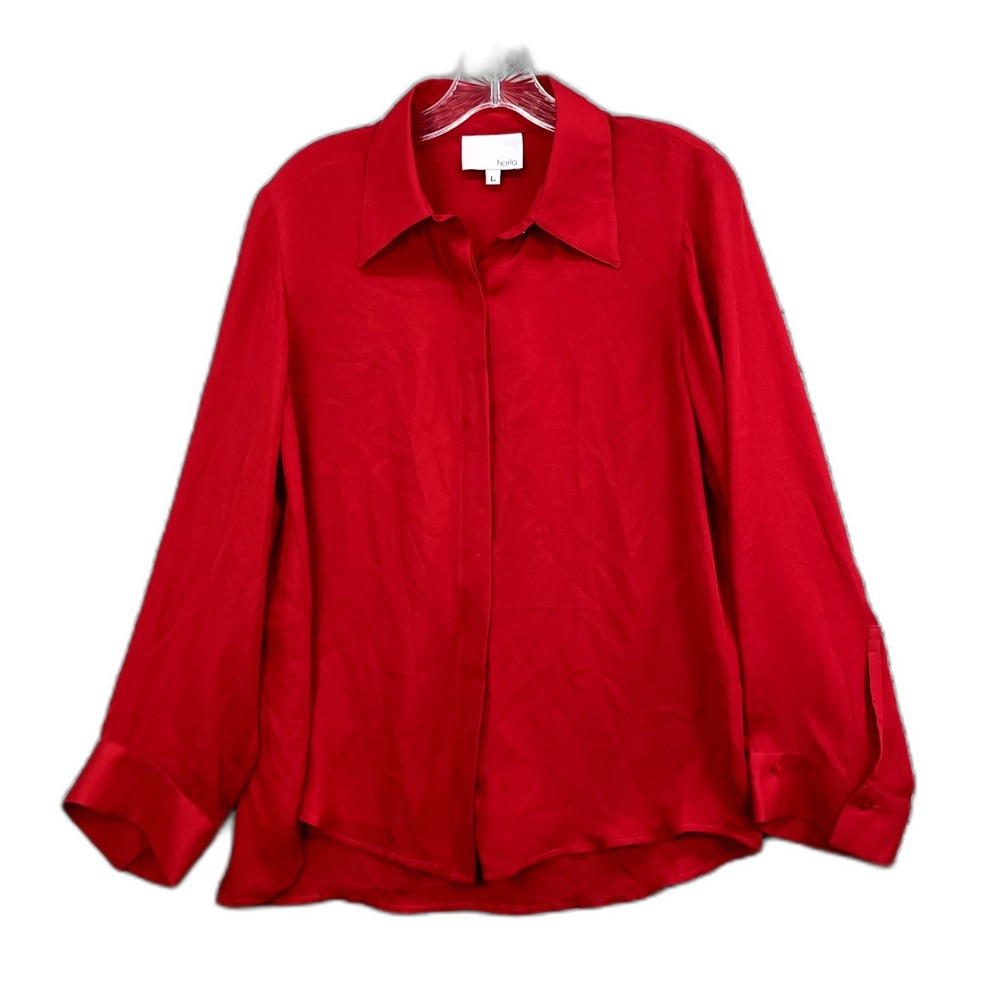 Fiorla Silk Shirt Womens Large Red Long Sleeve Button Up Grunge Gorpcore Outdoor